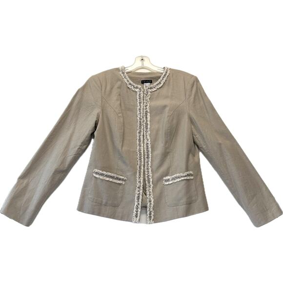 VENUS Linen Blend Blazer Jacket Women's Size 12 Beige with Fringe Details Career - Picture 1 of 13